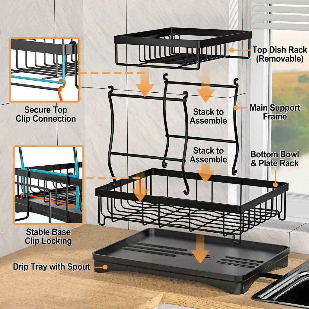 Double layer dish rack side view