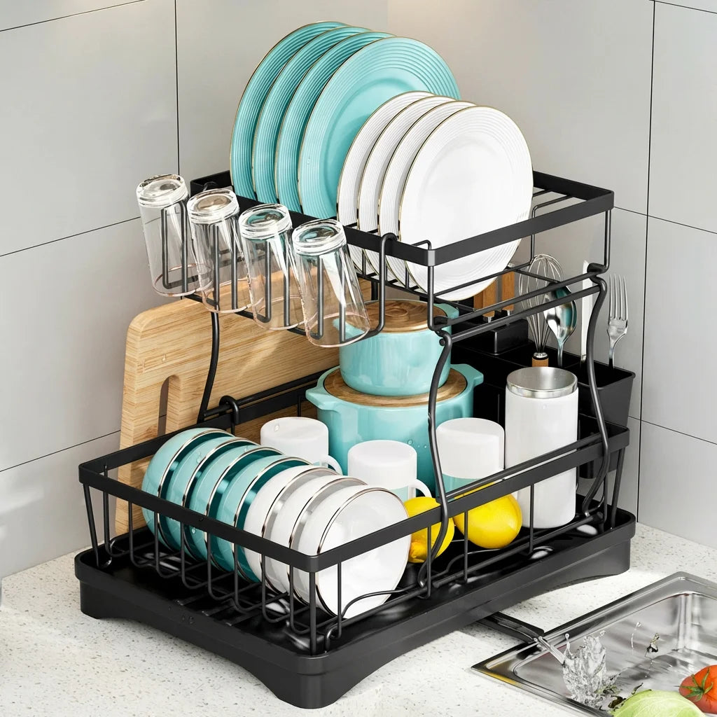 Black double-layer dish drying rack main view