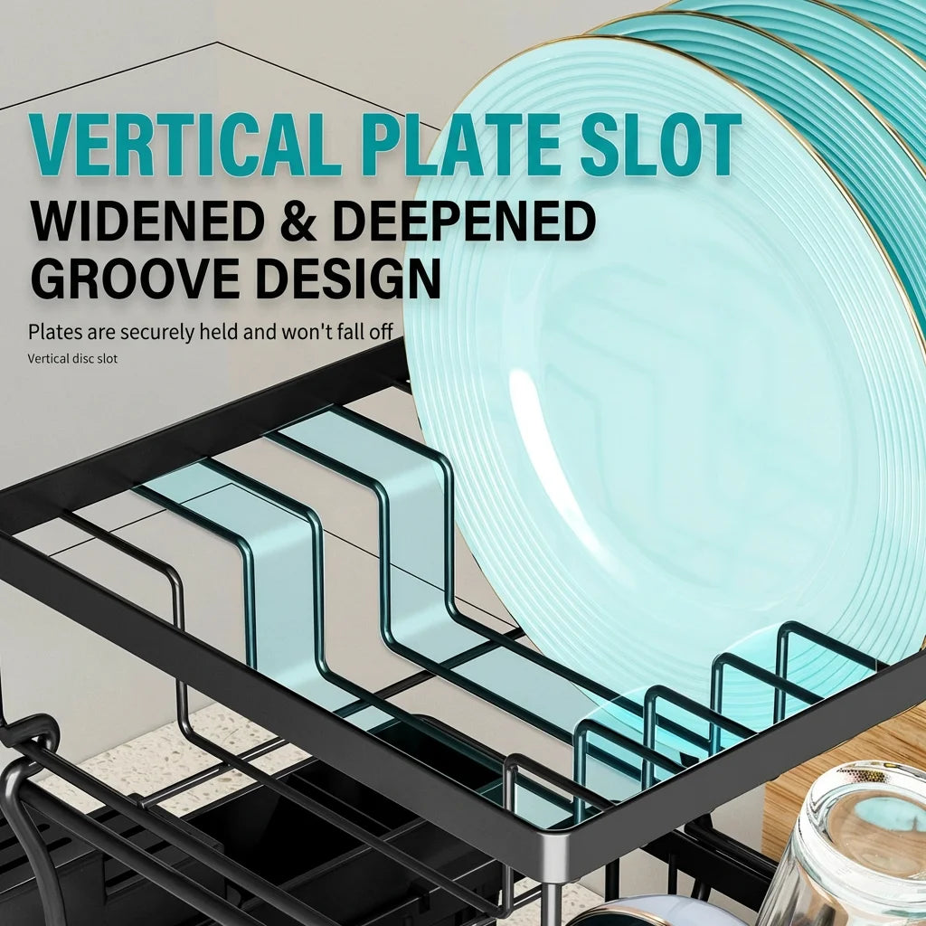 Dish rack in use with dishes and cups